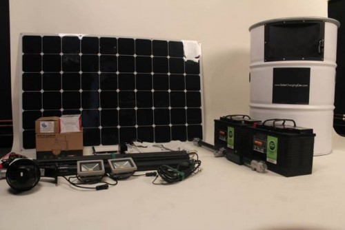 Steel drum contains a complete solar charging station for off-grid & remote power