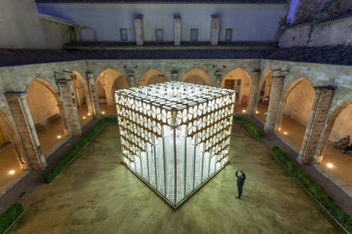 Glowing cardboard pavilion pops up in a Gothic courtyard in Valencia